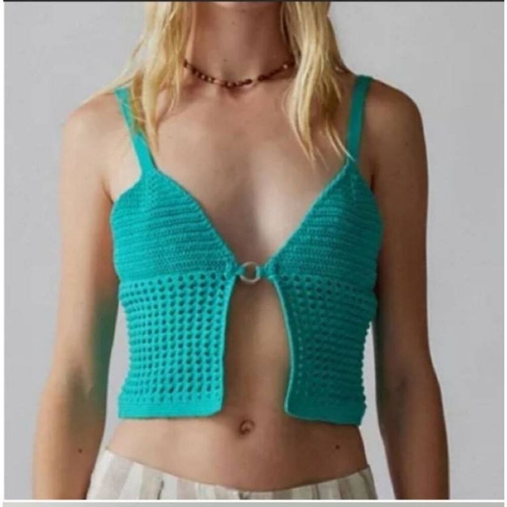 Urban Outfitters Crochet Tank Top Women's Medium Teal‎ Open-Front Bohemian Y2K